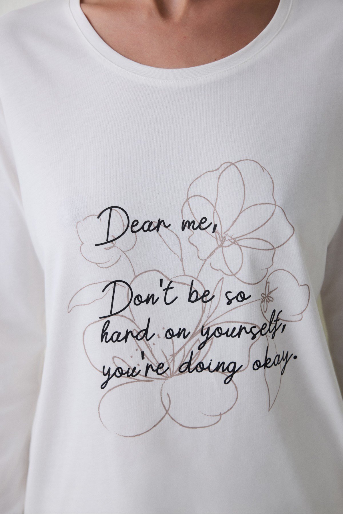 Dear Me Slogan Baskılı Bisiklet Yaka Uzun Kollu Pamuklu Pijama Takımı