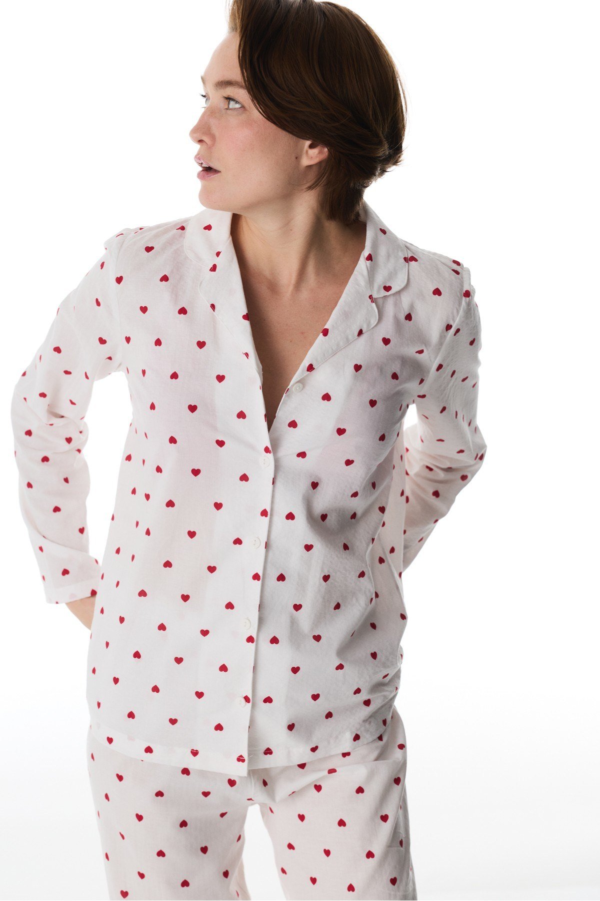 Kırık Beyaz Red Hearts Gömlek Pantolon Pijama Takımı