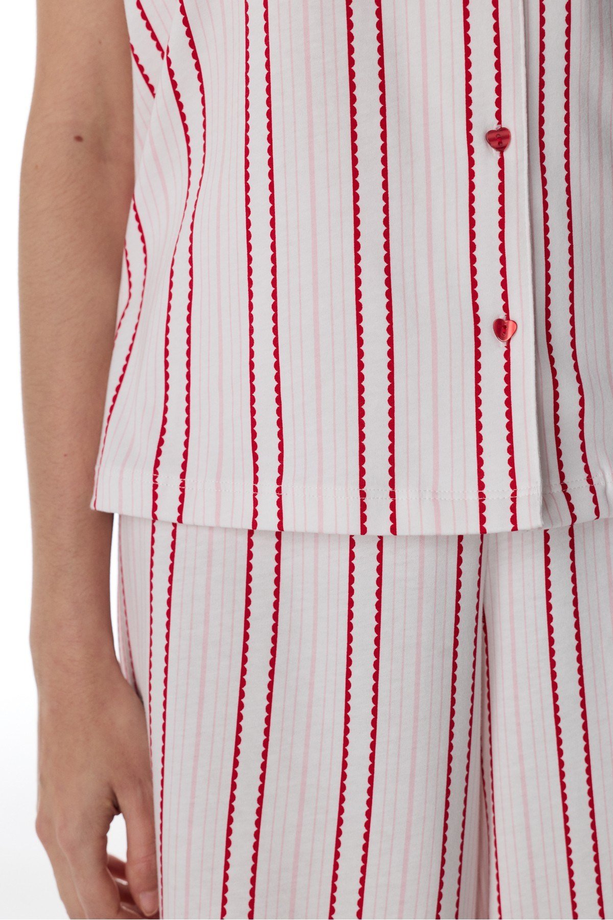 Kırık Beyaz Rosy Stripes Düğmeli Gömlek Pantolon Pijama Takımı