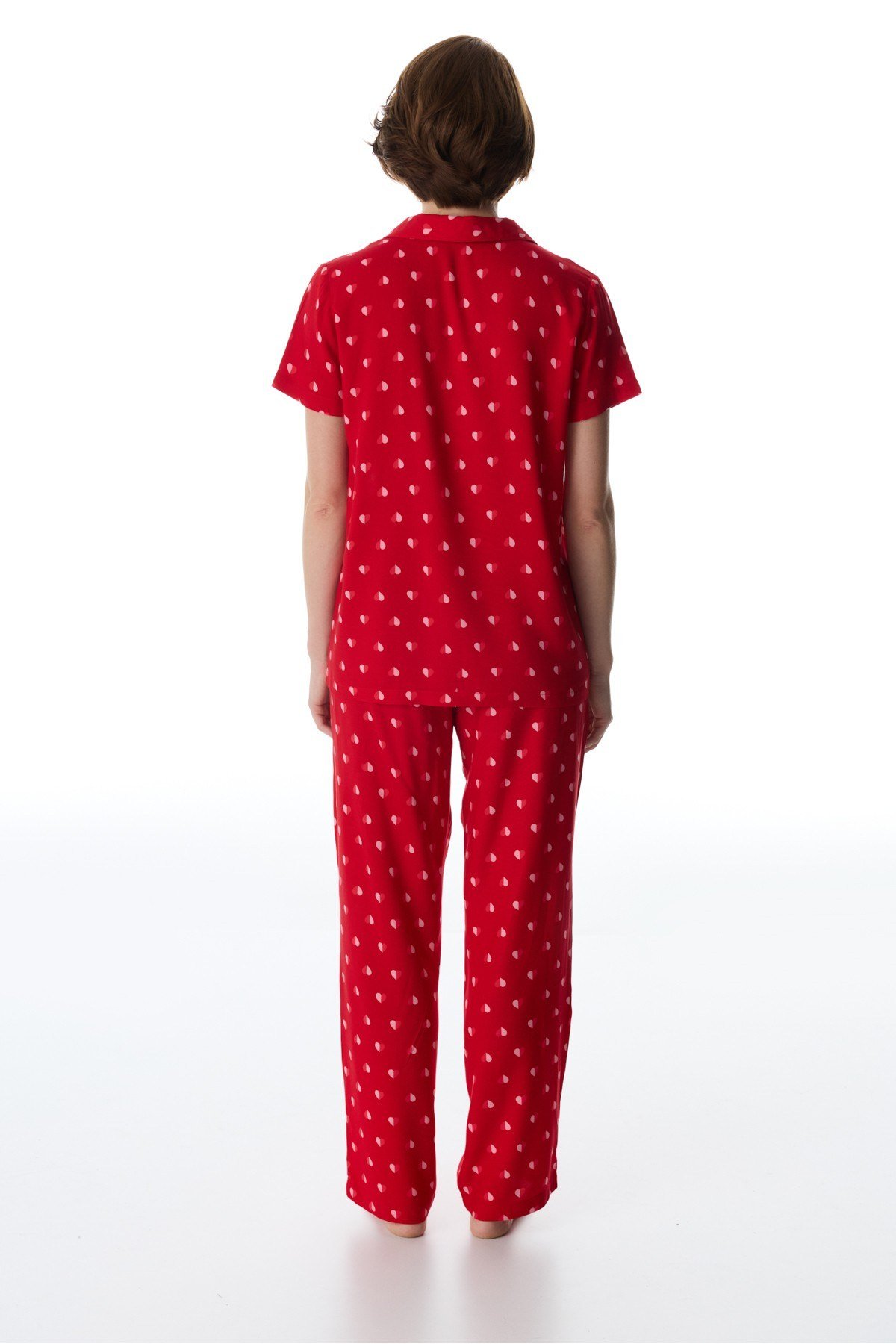Kırmızı Tiny Hearts Gömlek Pantolon Pijama Takımı