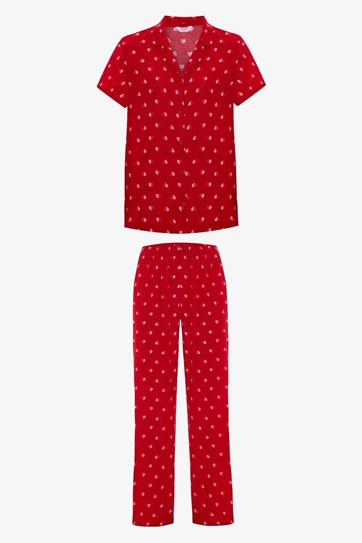 Kırmızı Tiny Hearts Gömlek Pantolon Pijama Takımı