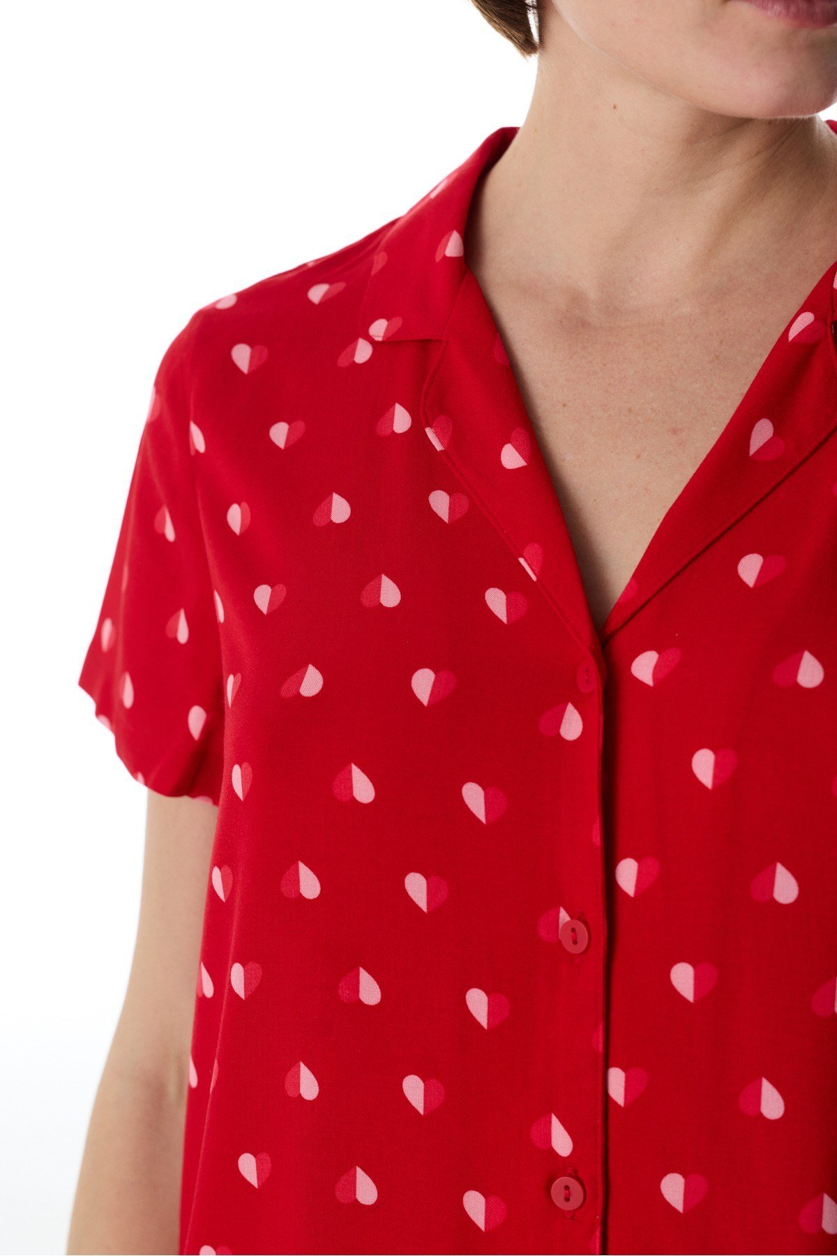 Kırmızı Tiny Hearts Gömlek Pantolon Pijama Takımı