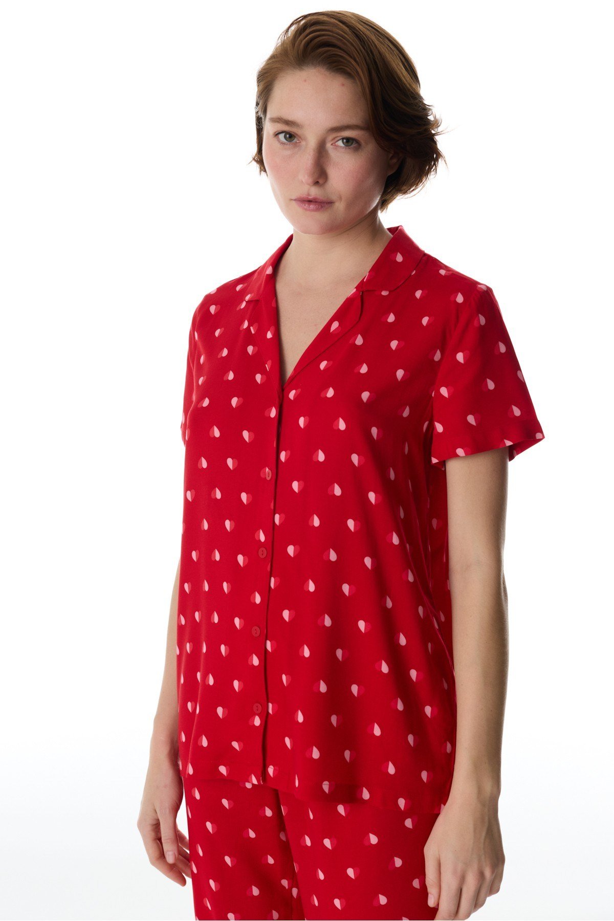 Kırmızı Tiny Hearts Gömlek Pantolon Pijama Takımı