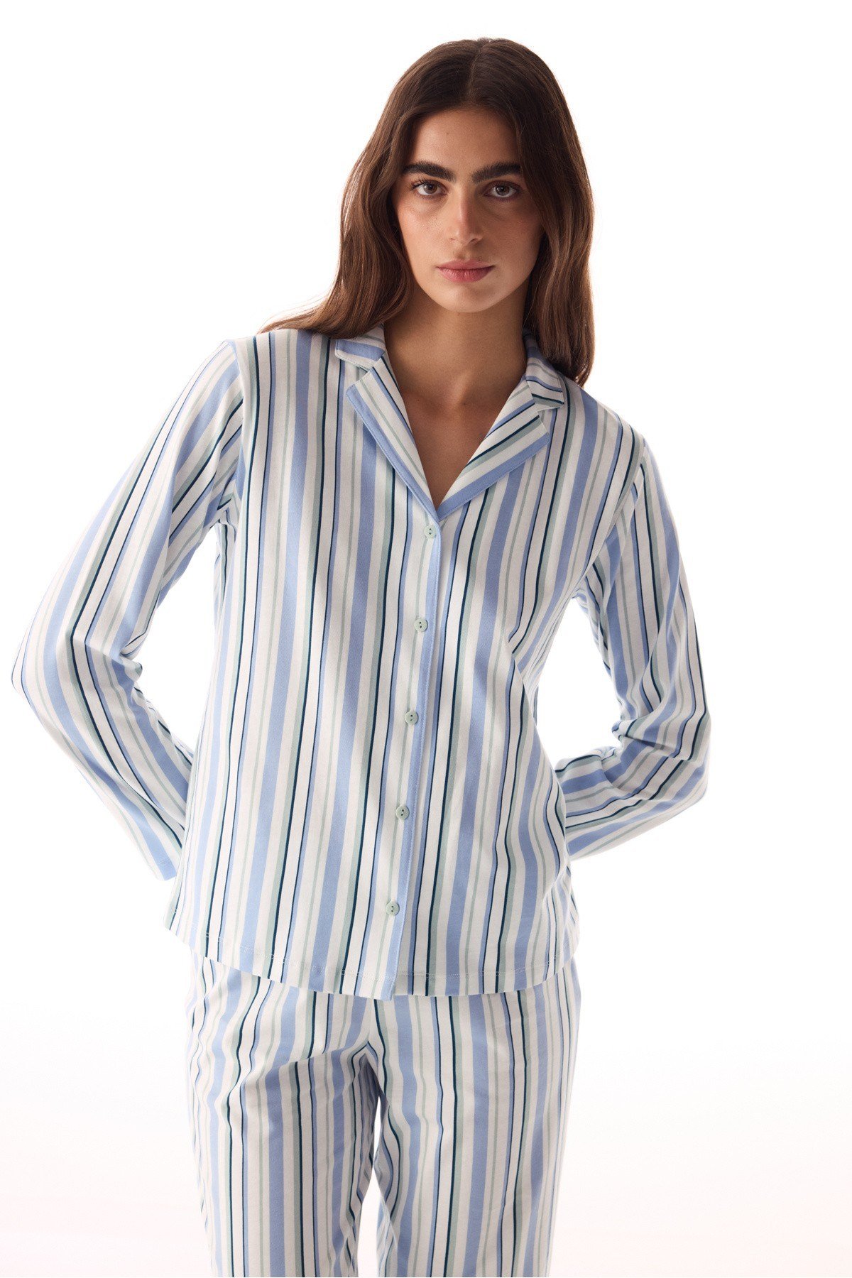 Pamuklu Açık Gri Cool Stripes Gömlek Pantolon Pijama Takımı