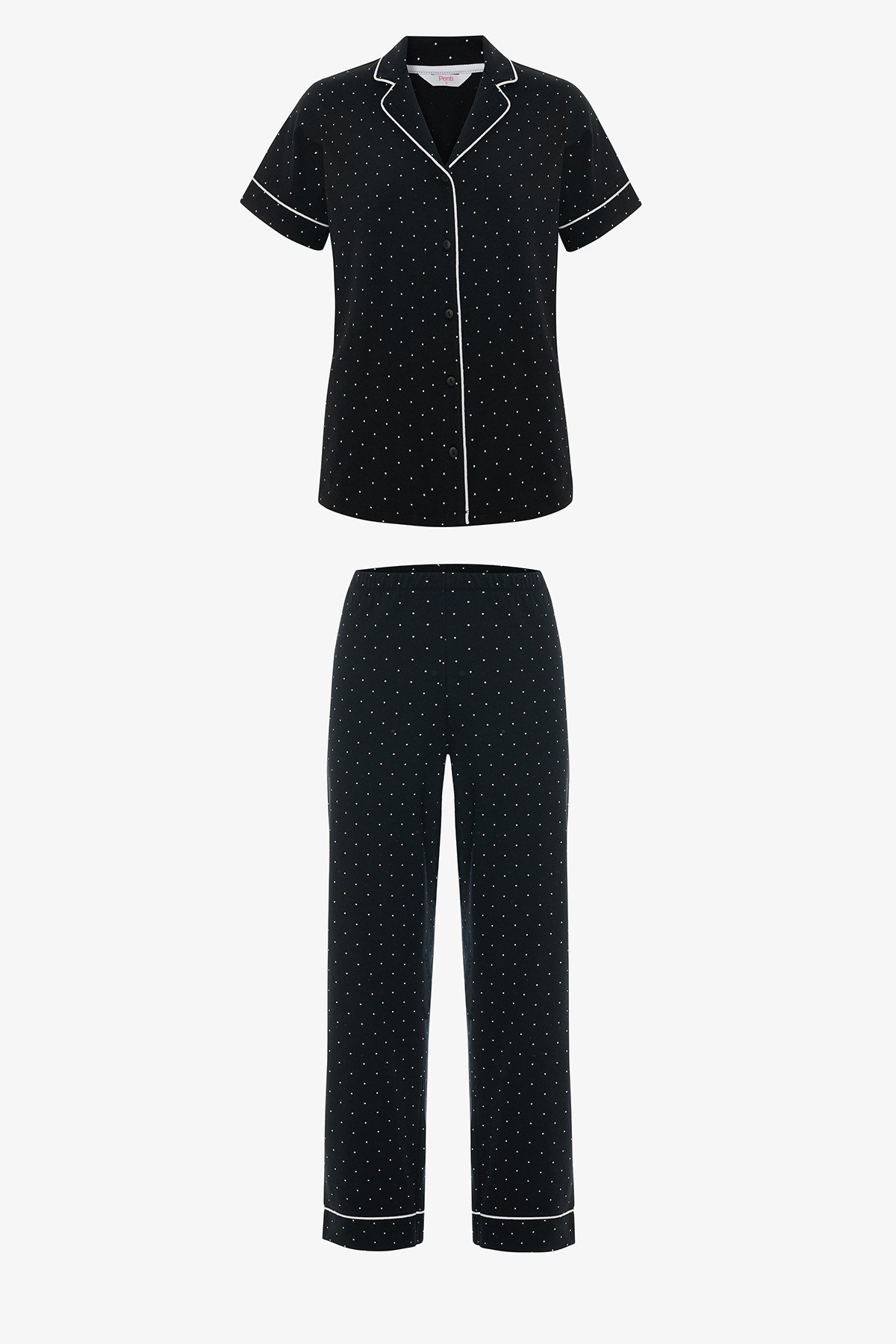 Pamuklu Siyah Polka Dot Gömlek Pantolon Pijama Takımı