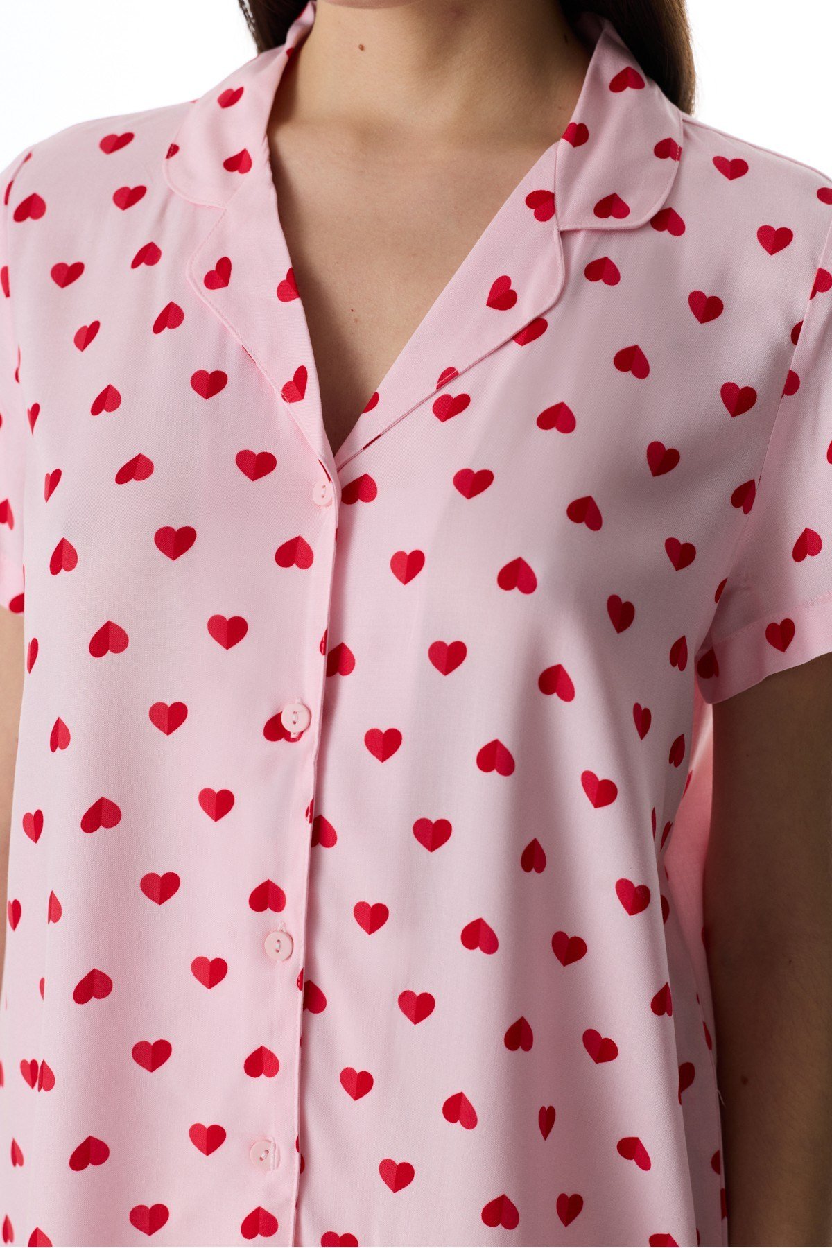 Pembe Cute Hearts Gömlek Şortlu Pijama Takımı