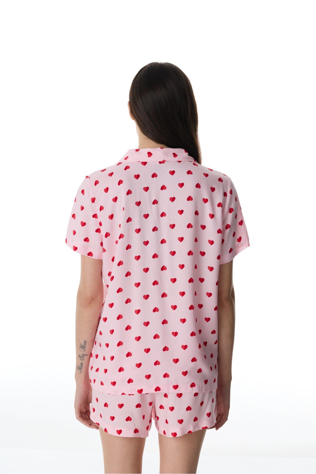 Pembe Cute Hearts Gömlek Şortlu Pijama Takımı