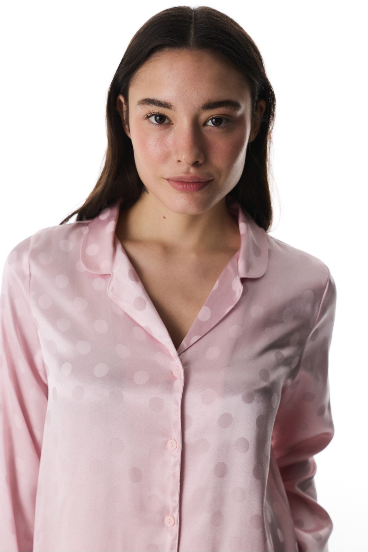 Pembe Quinn Saten Düğmeli Gömlek Pantolon Pijama Takımı