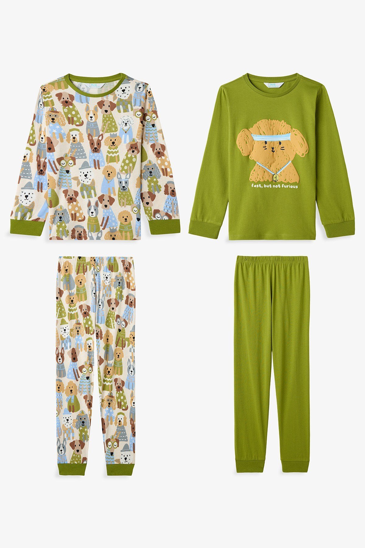 Yağ Yeşili Erkek Çocuk Runner Dog Uzun Kollu Pamuklu 2'li Pijama Takımı