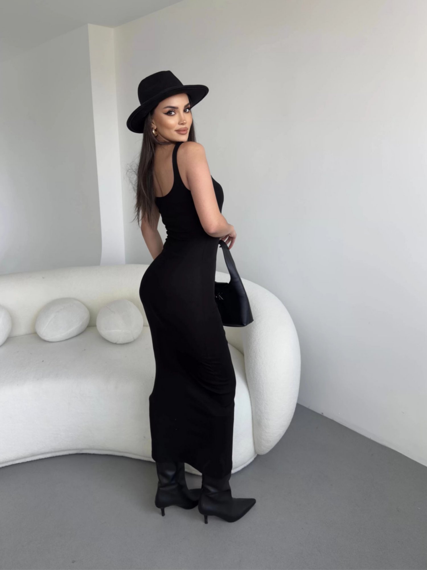 Askılı Midi Elbise Siyah