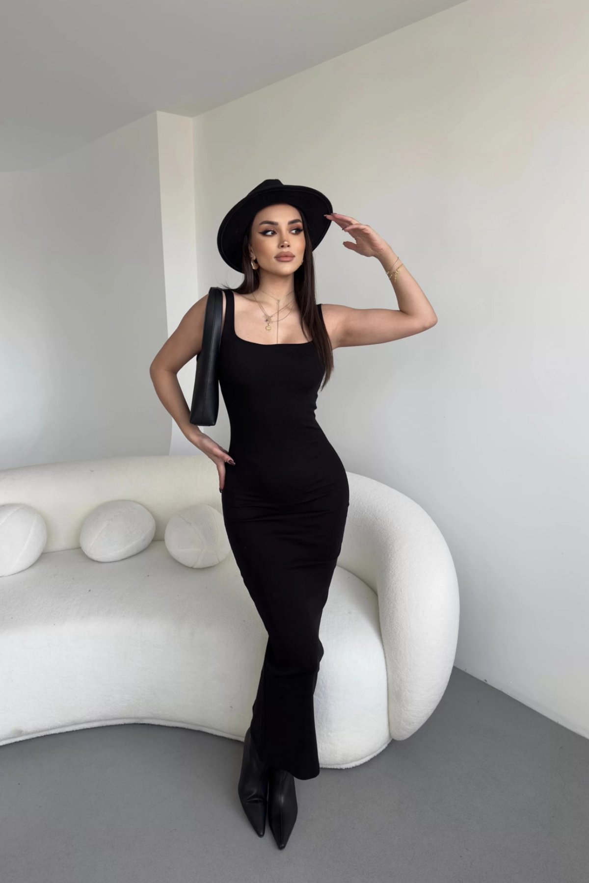 Askılı Midi Elbise Siyah