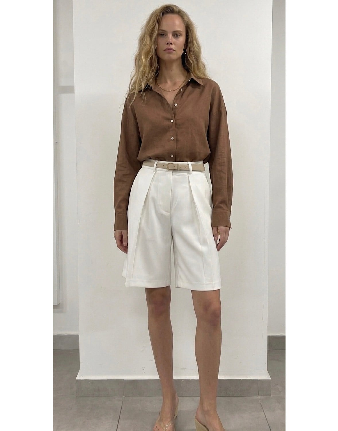Nouee Linen Touch Oversize Gömlek – Kahve