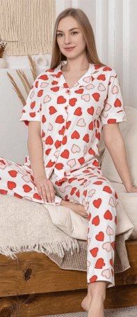 Alissa 6295 Kadın Kalp Desenli Patlı Pijama Takımı