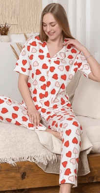 Alissa 6295 Kadın Kalp Desenli Patlı Pijama Takımı