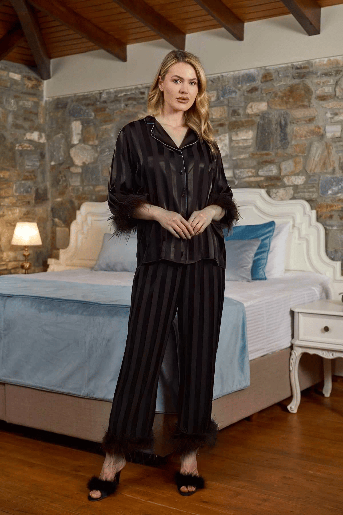 Aqua 26375 Çizgili Orjişli Gömlek Yaka Pijama Takımı