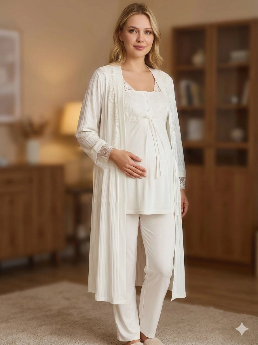 Bone 6205 Kadın 3'lü Jakarlı Sabahlıklı Lohusa Pijama Takımı