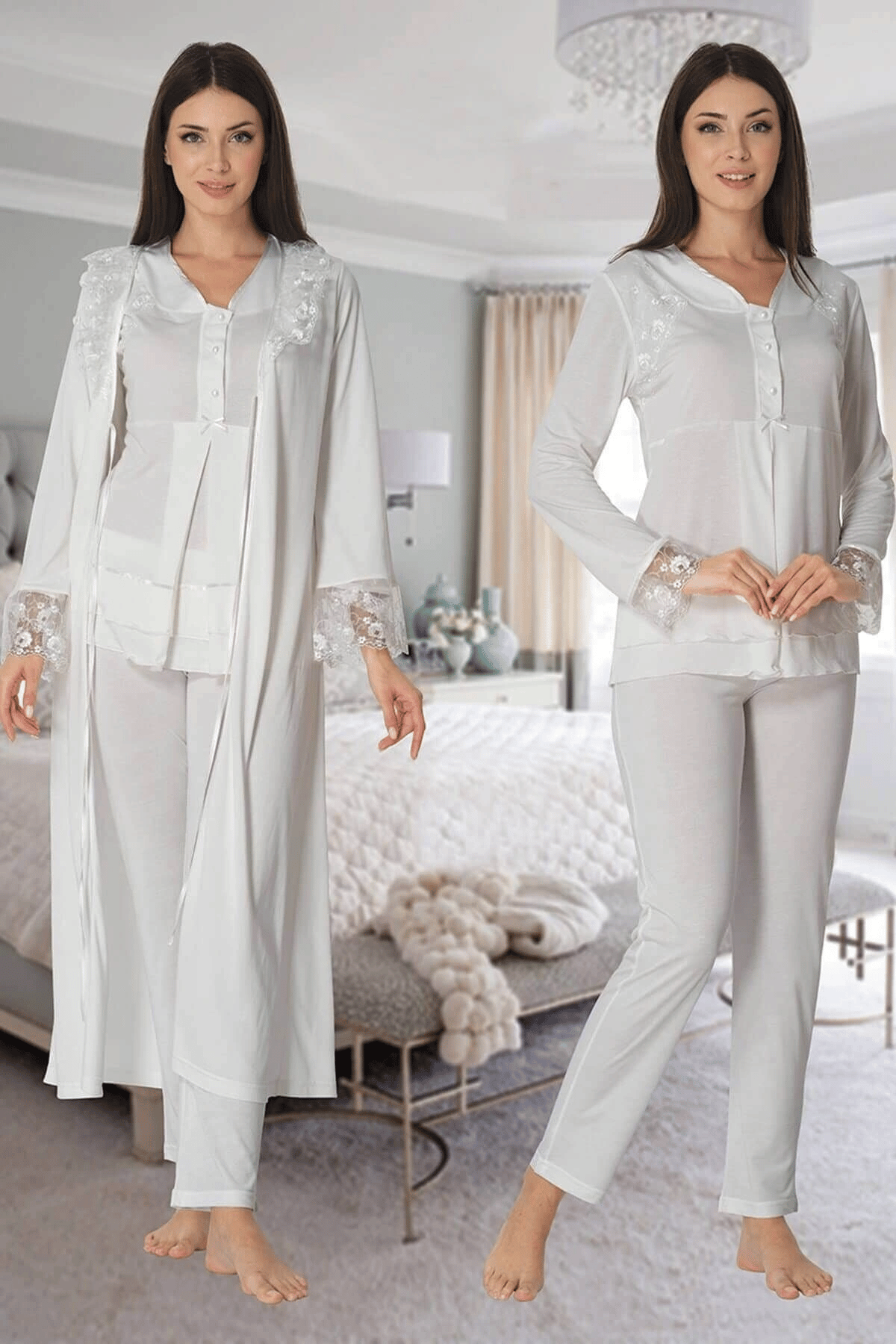 Effortt 2424 Uzun Dantel Sabahlıklı Lohusa Pijama