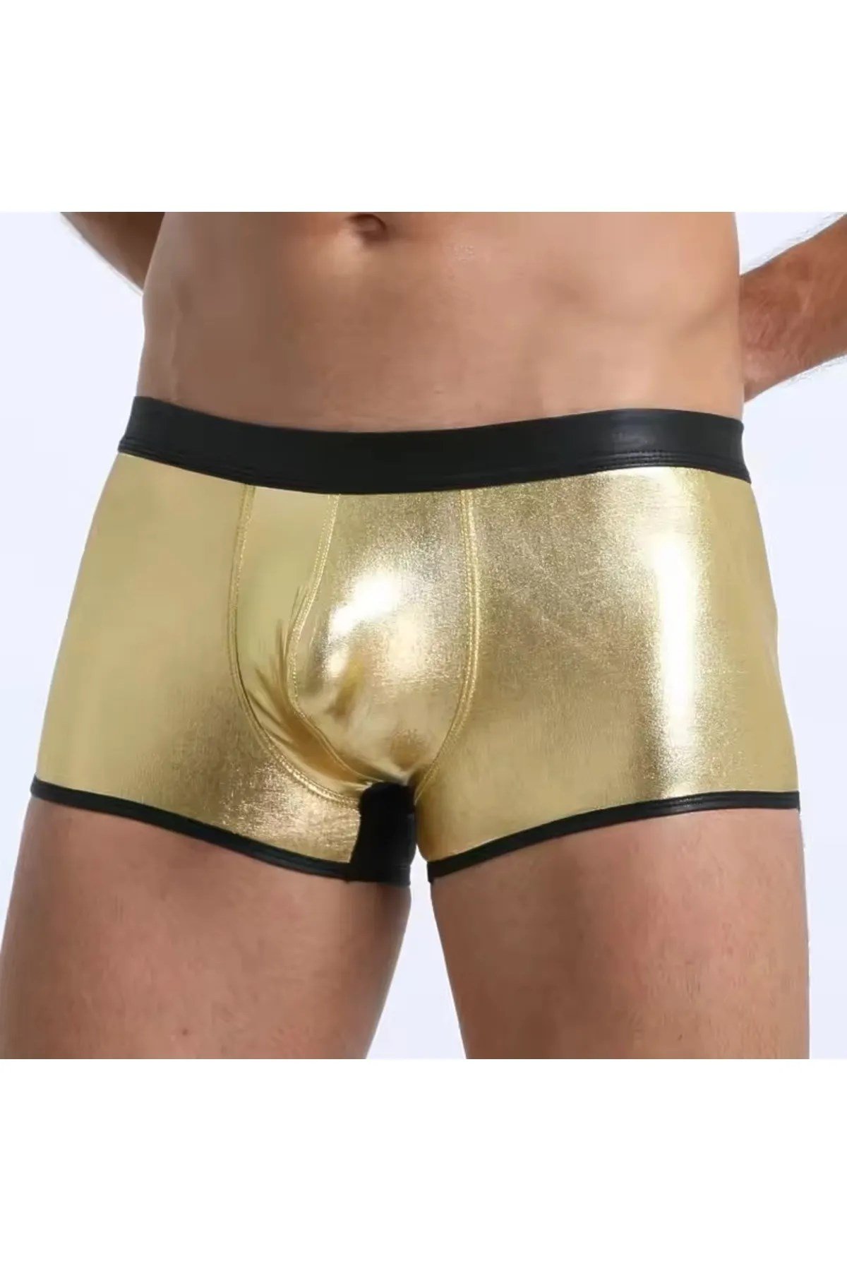 Fantezi Deri Görünümlü Seksi  Altın Erkek Boxer  - Fantezi Tanga BC4604
