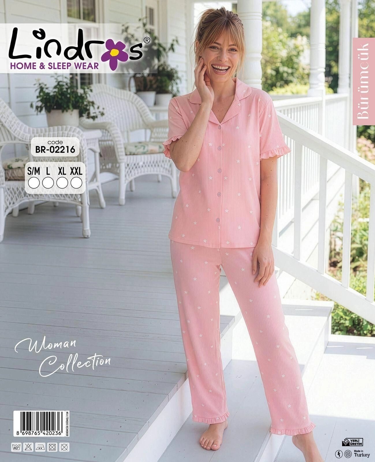 Lindros BR-02216 Kadın Kısa Kollu Bürümcük Düğmeli Pijama Takım