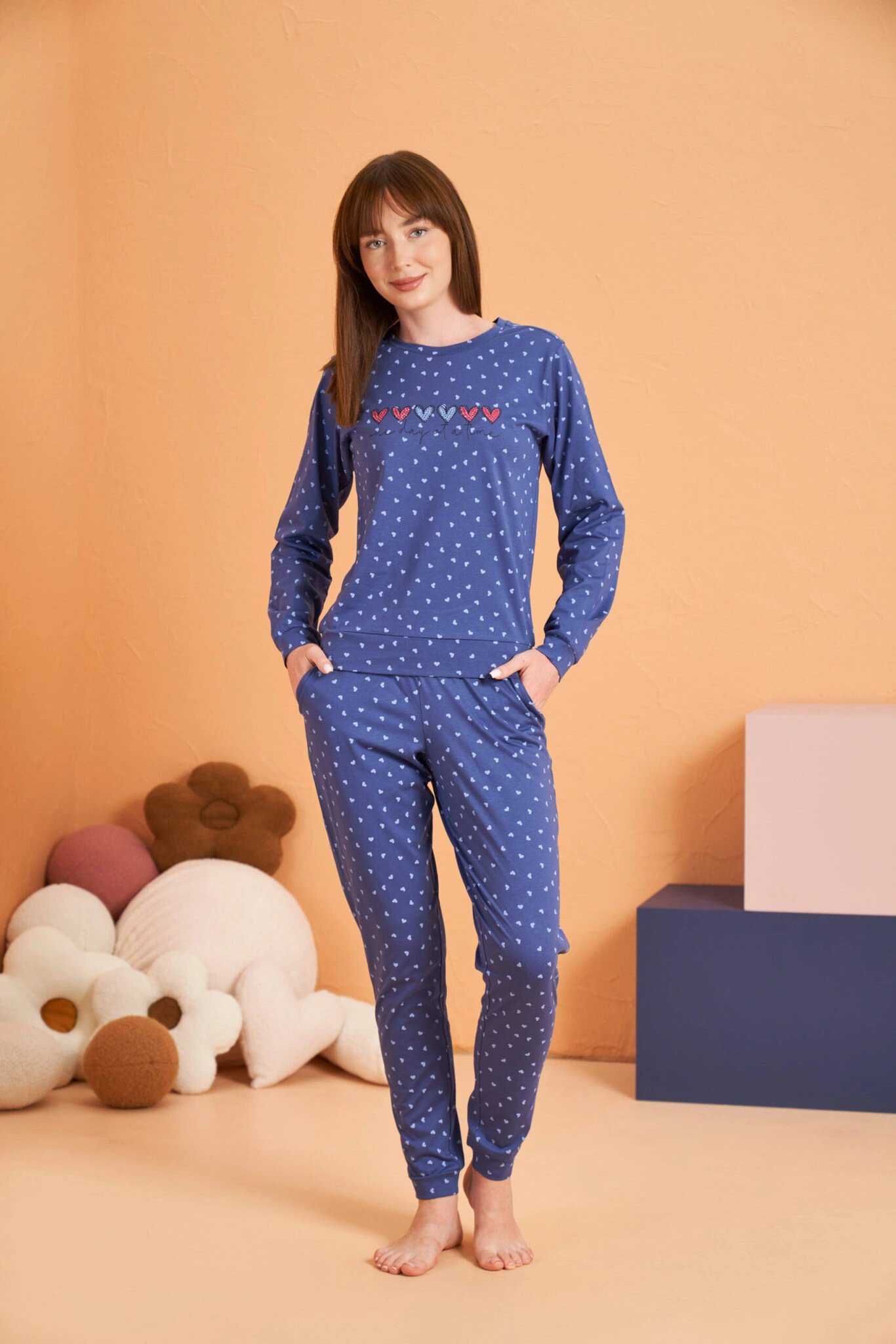 PJS 28081 Kadın Uzun Kol Yuvarlak Yaka Kalpli Pijama Takım