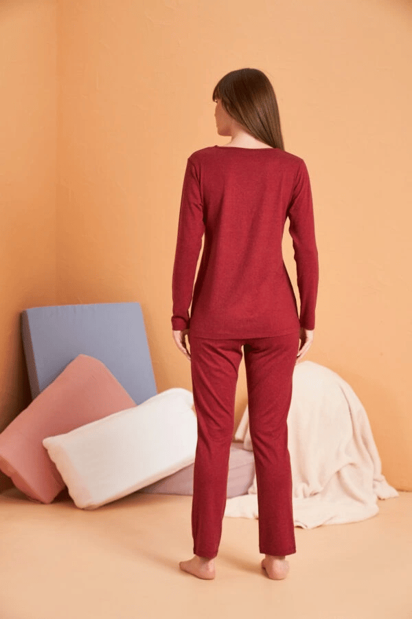 PJS 28091 Kadın V Yaka Uzun Kol Pijama Takımı
