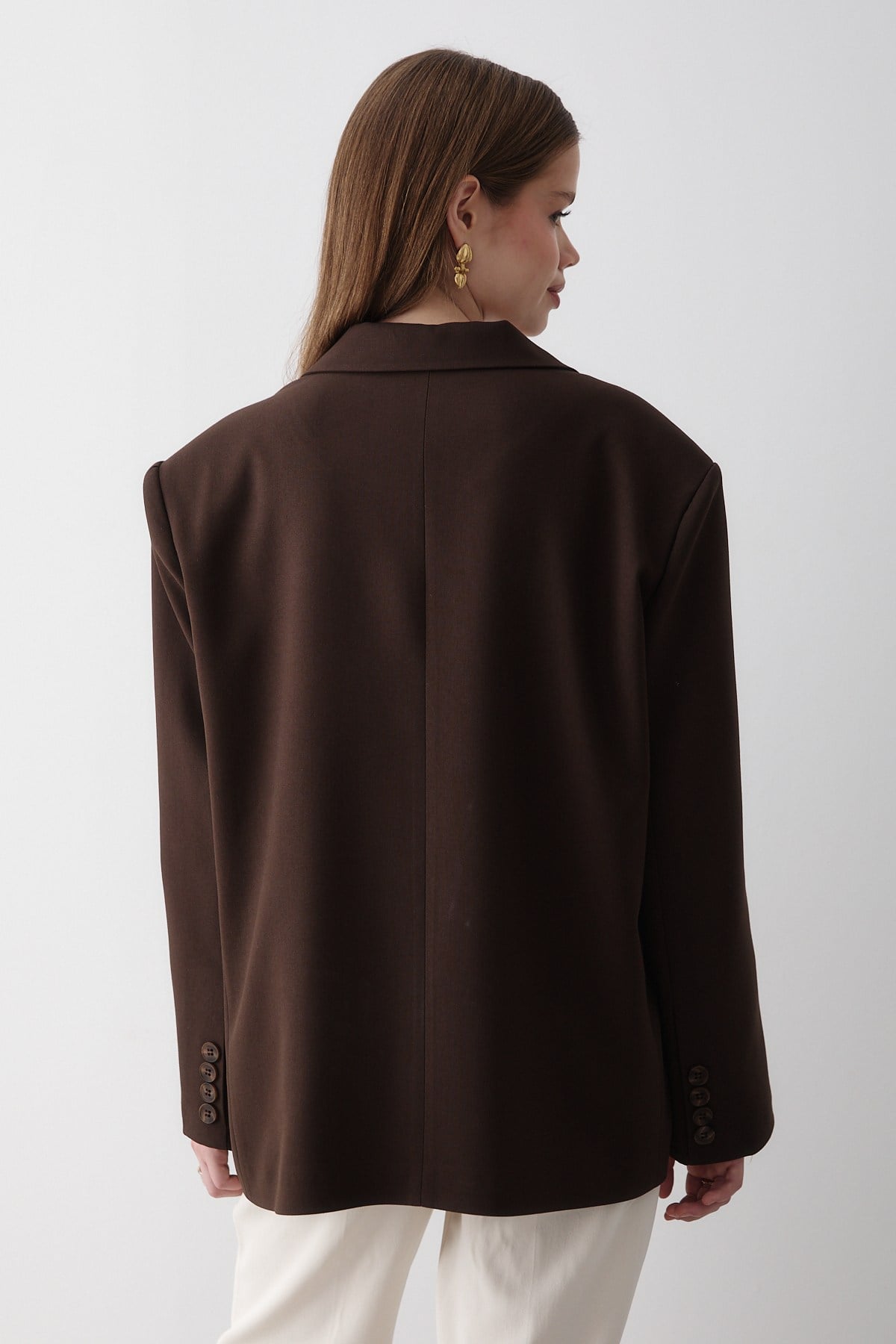 Kadın Acı Kahve Düğme Detaylı Oversize Blazer Ceket