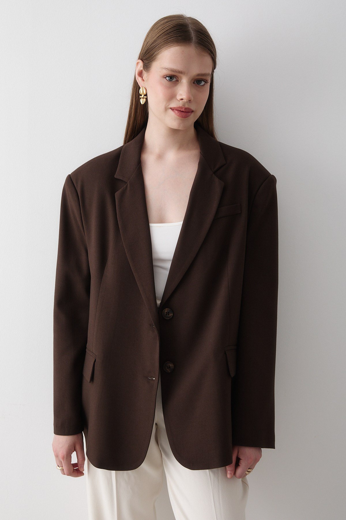 Kadın Acı Kahve Düğme Detaylı Oversize Blazer Ceket