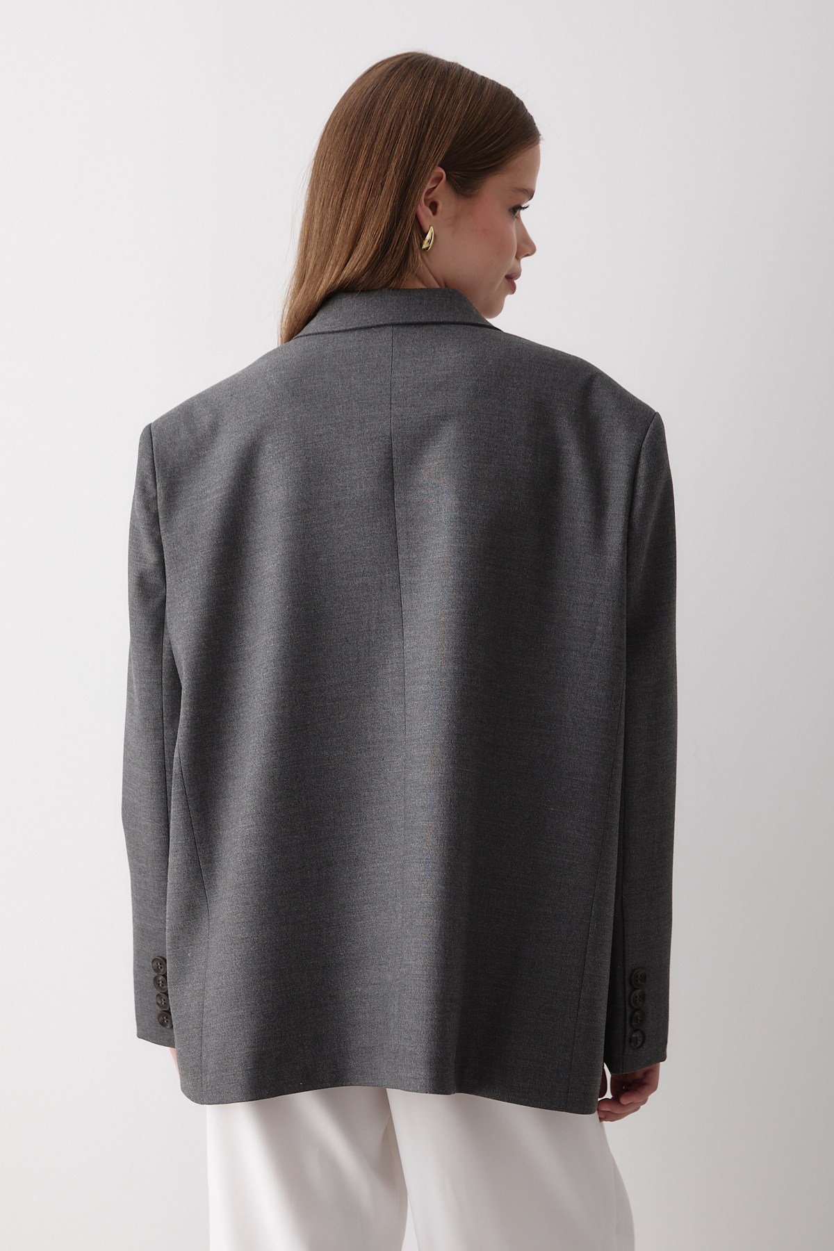 Kadın Antrasit Düğme Detaylı Oversize Blazer Ceket