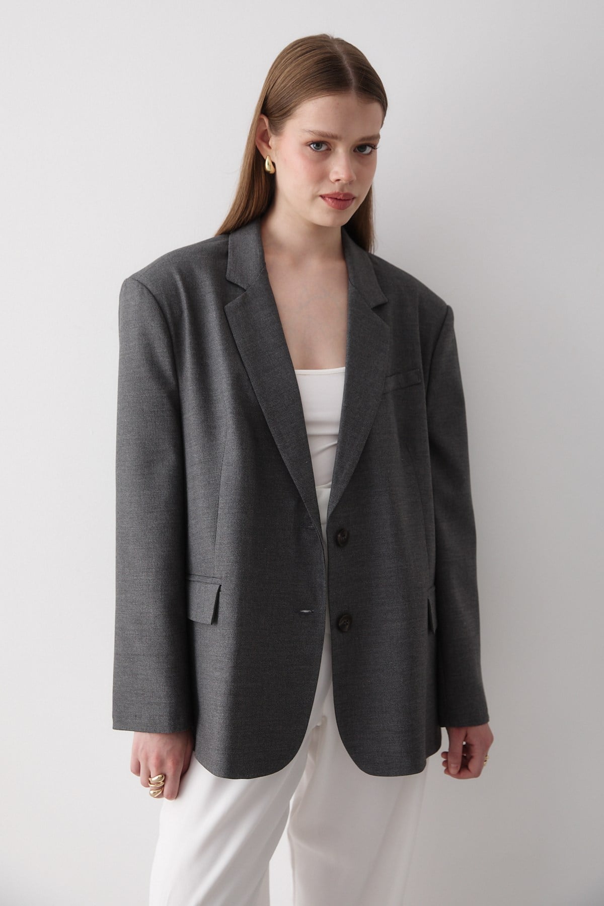 Kadın Antrasit Düğme Detaylı Oversize Blazer Ceket