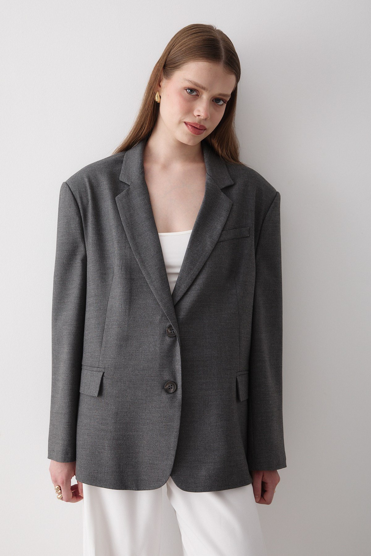 Kadın Antrasit Düğme Detaylı Oversize Blazer Ceket
