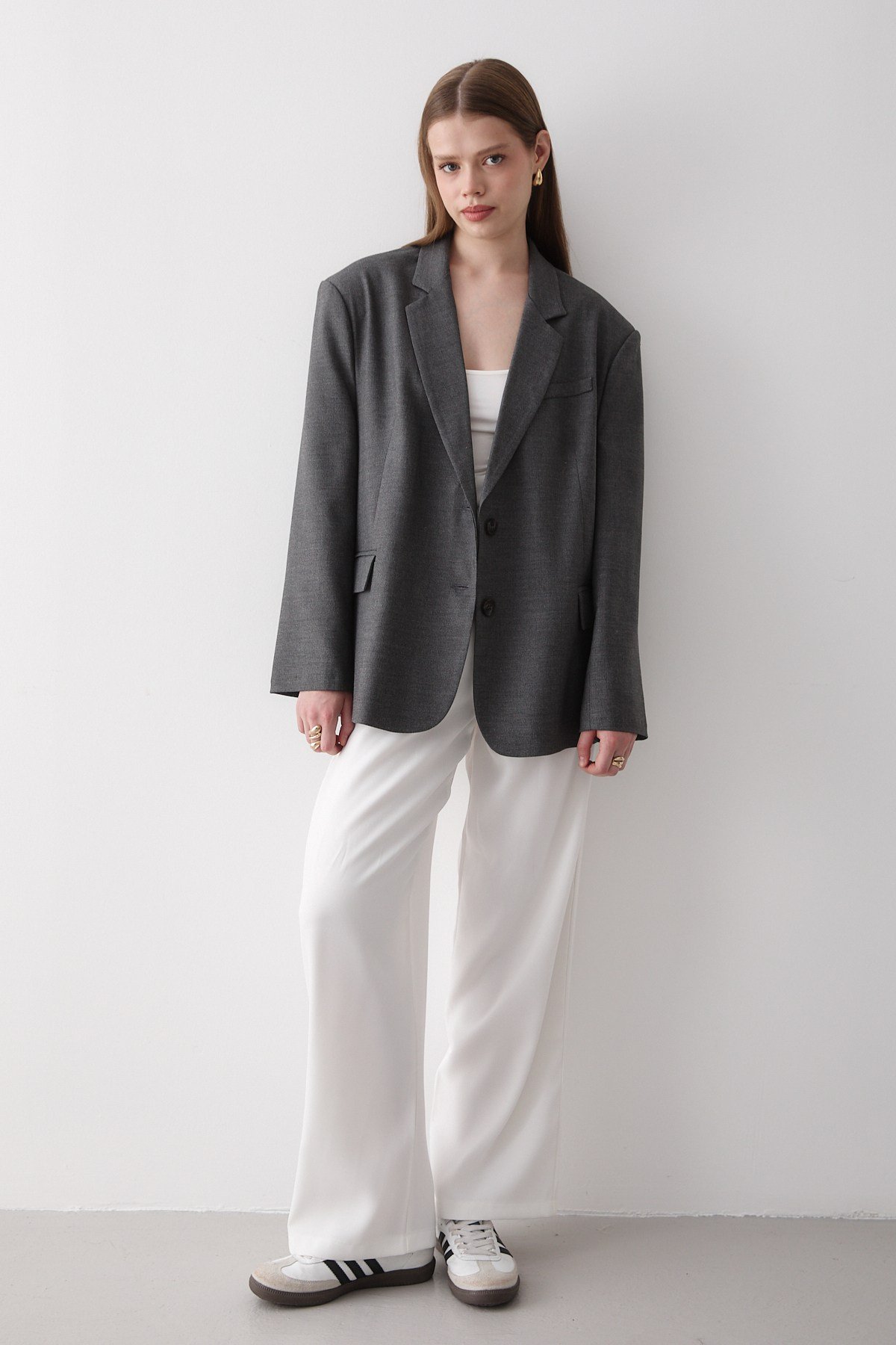 Kadın Antrasit Düğme Detaylı Oversize Blazer Ceket