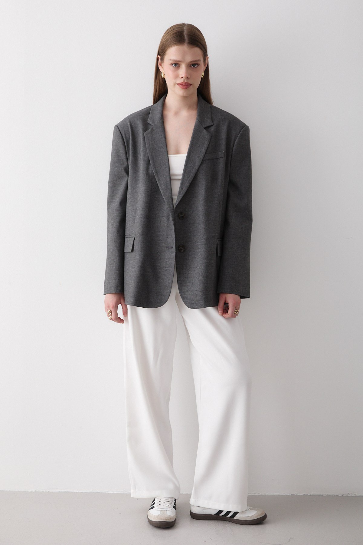 Kadın Antrasit Düğme Detaylı Oversize Blazer Ceket