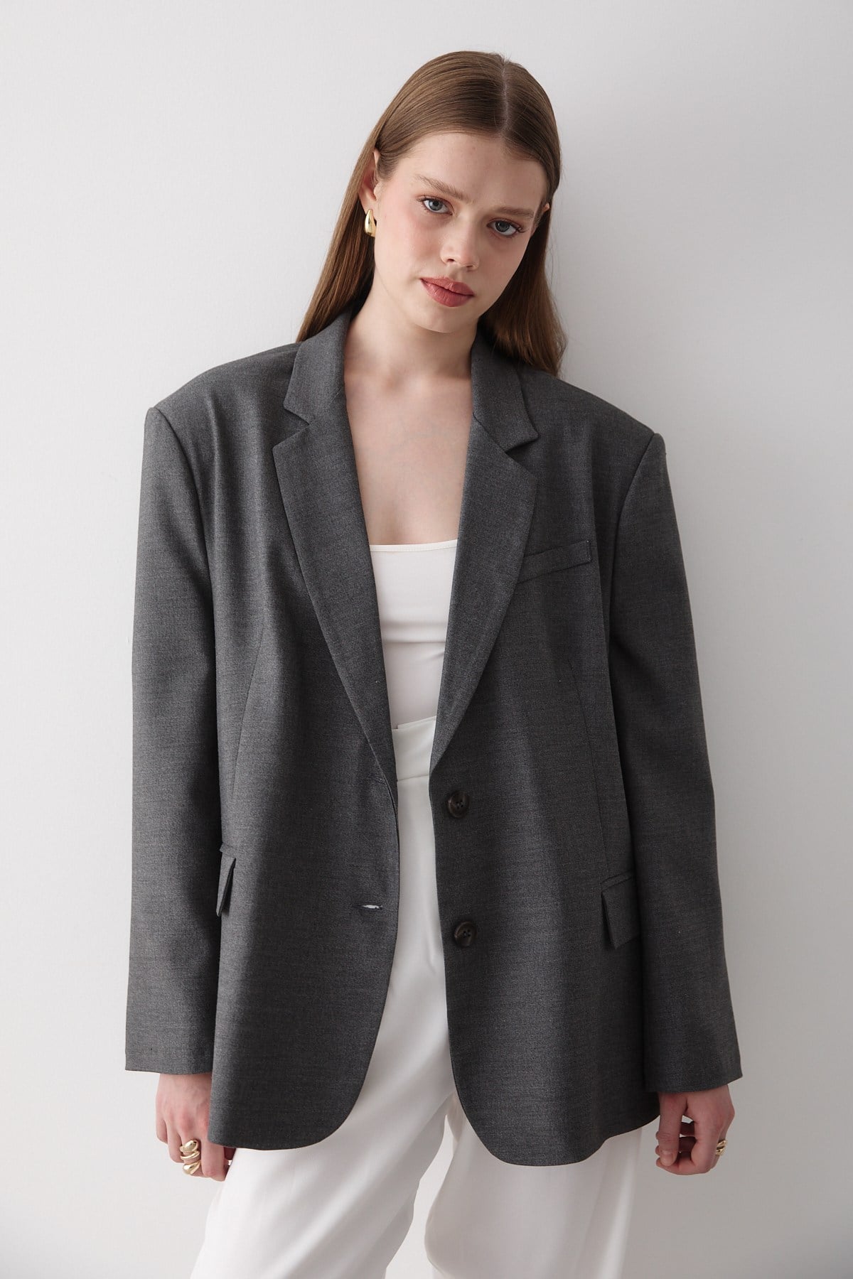 Kadın Antrasit Düğme Detaylı Oversize Blazer Ceket