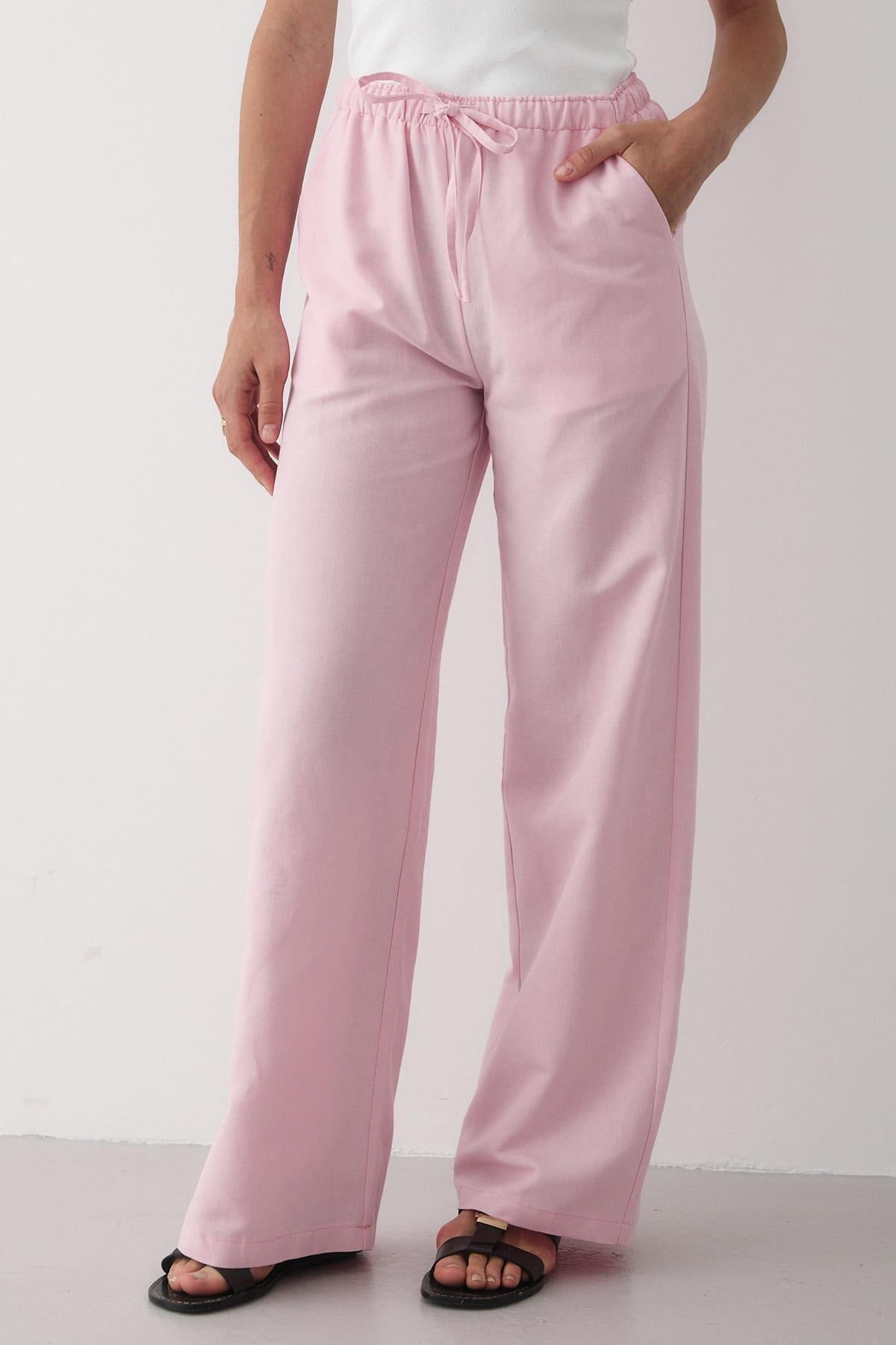 Kadın Beli Lastikli Bol Paça Palazzo Keten Pantolon PEMBE