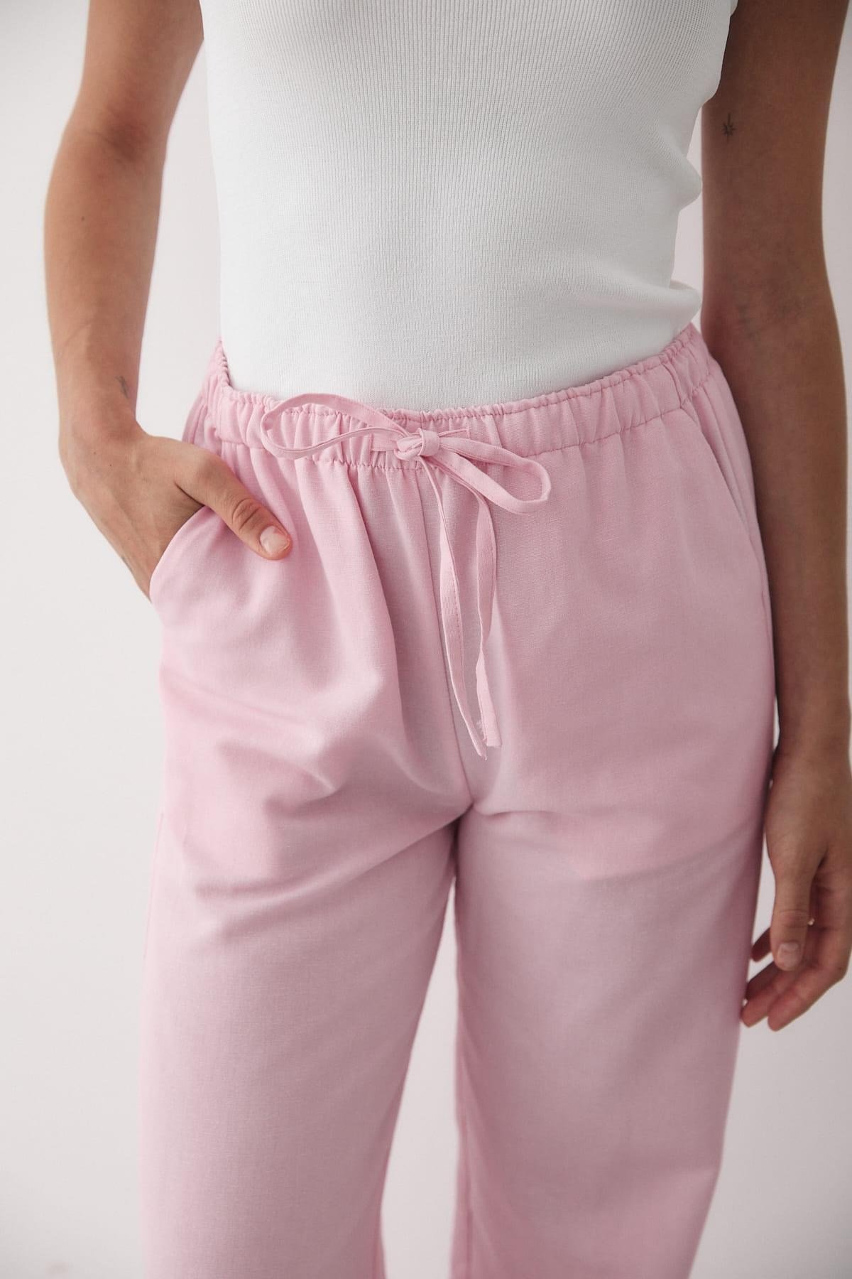 Kadın Beli Lastikli Bol Paça Palazzo Keten Pantolon PEMBE