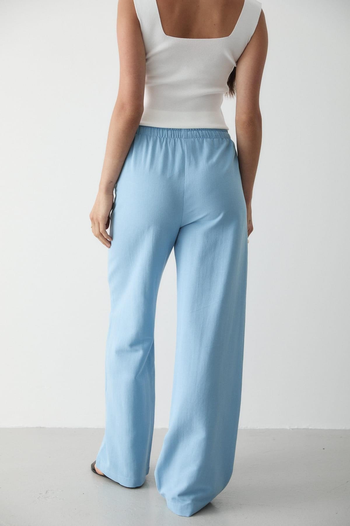 Kadın Beli Lastikli Bol Paça Palazzo Keten Pantolon MAVİ