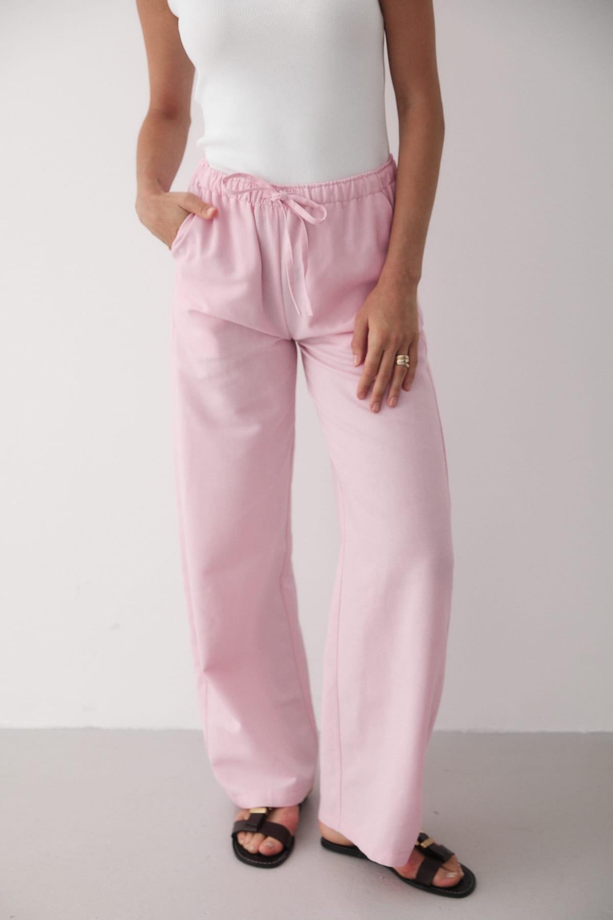 Kadın Beli Lastikli Bol Paça Palazzo Keten Pantolon PEMBE