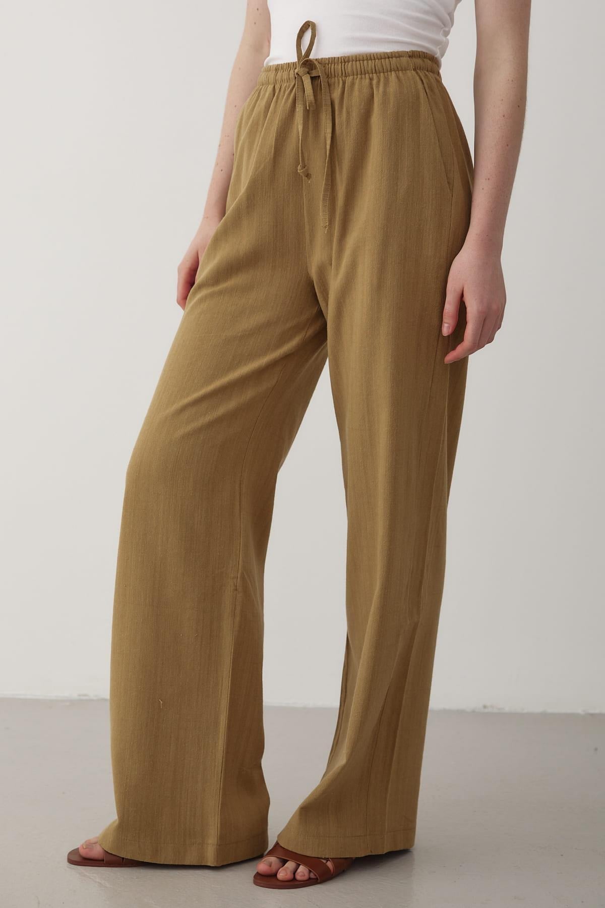 Kadın Beli Lastikli Bol Paça Palazzo Keten Pantolon HARDAL