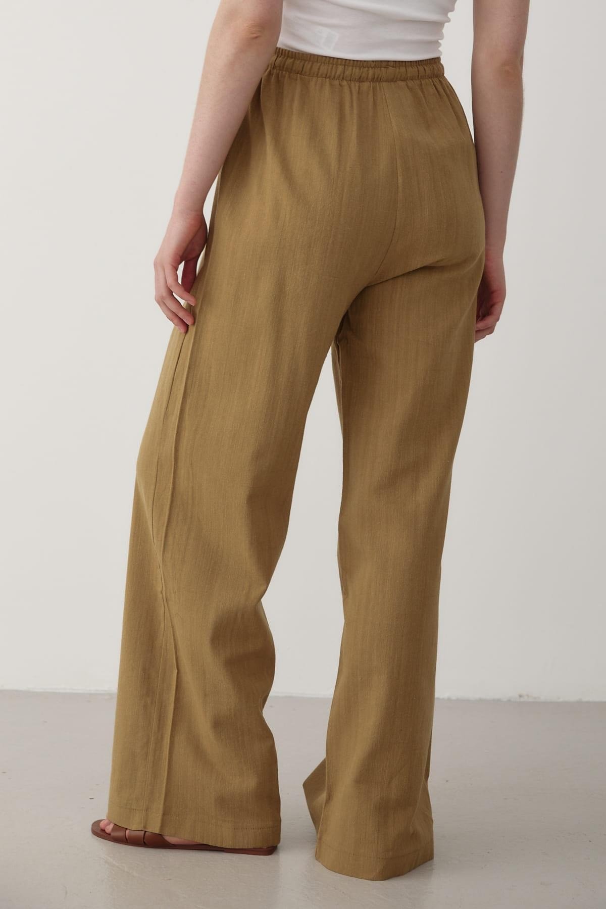 Kadın Beli Lastikli Bol Paça Palazzo Keten Pantolon HARDAL