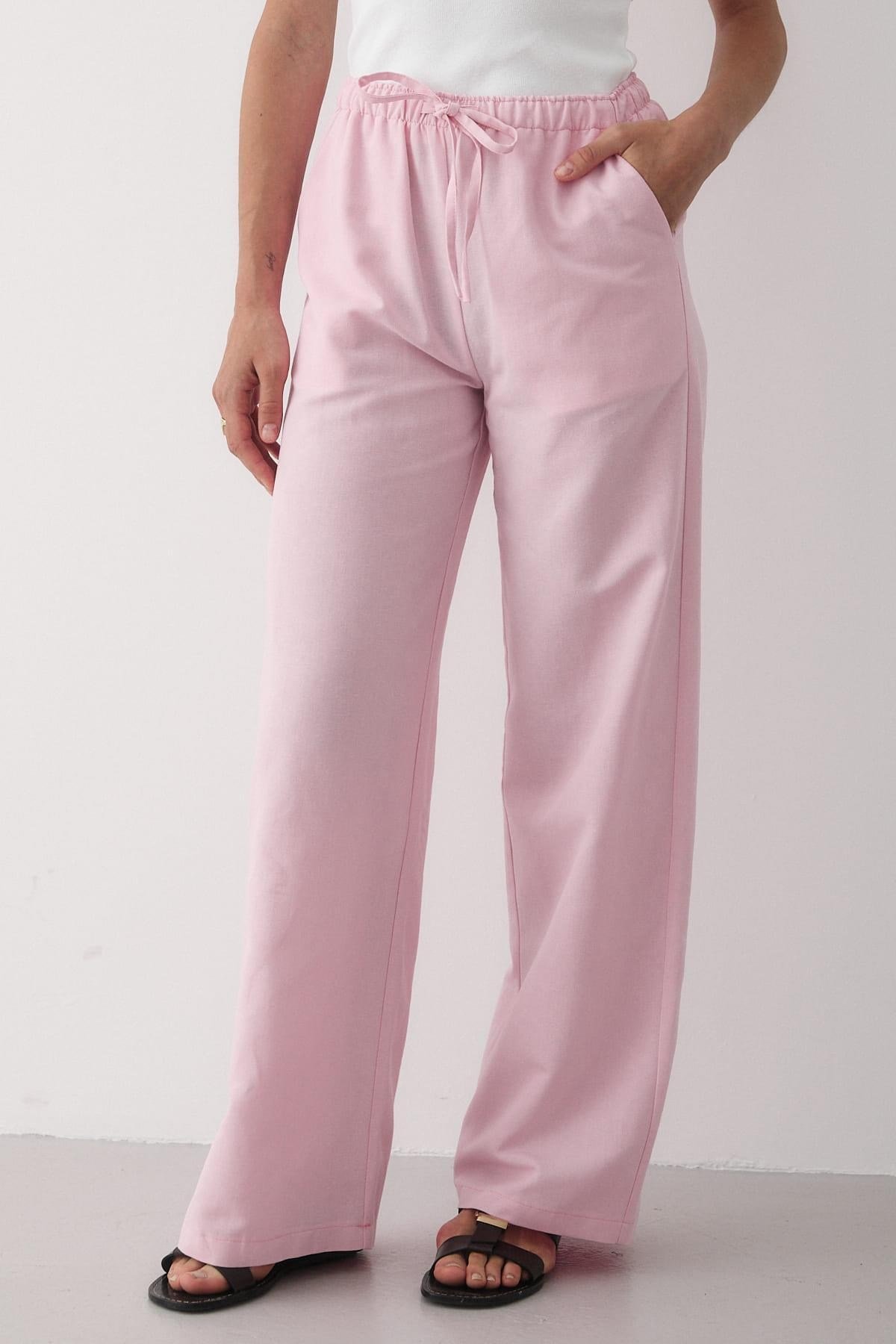 Kadın Beli Lastikli Bol Paça Palazzo Keten Pantolon PEMBE