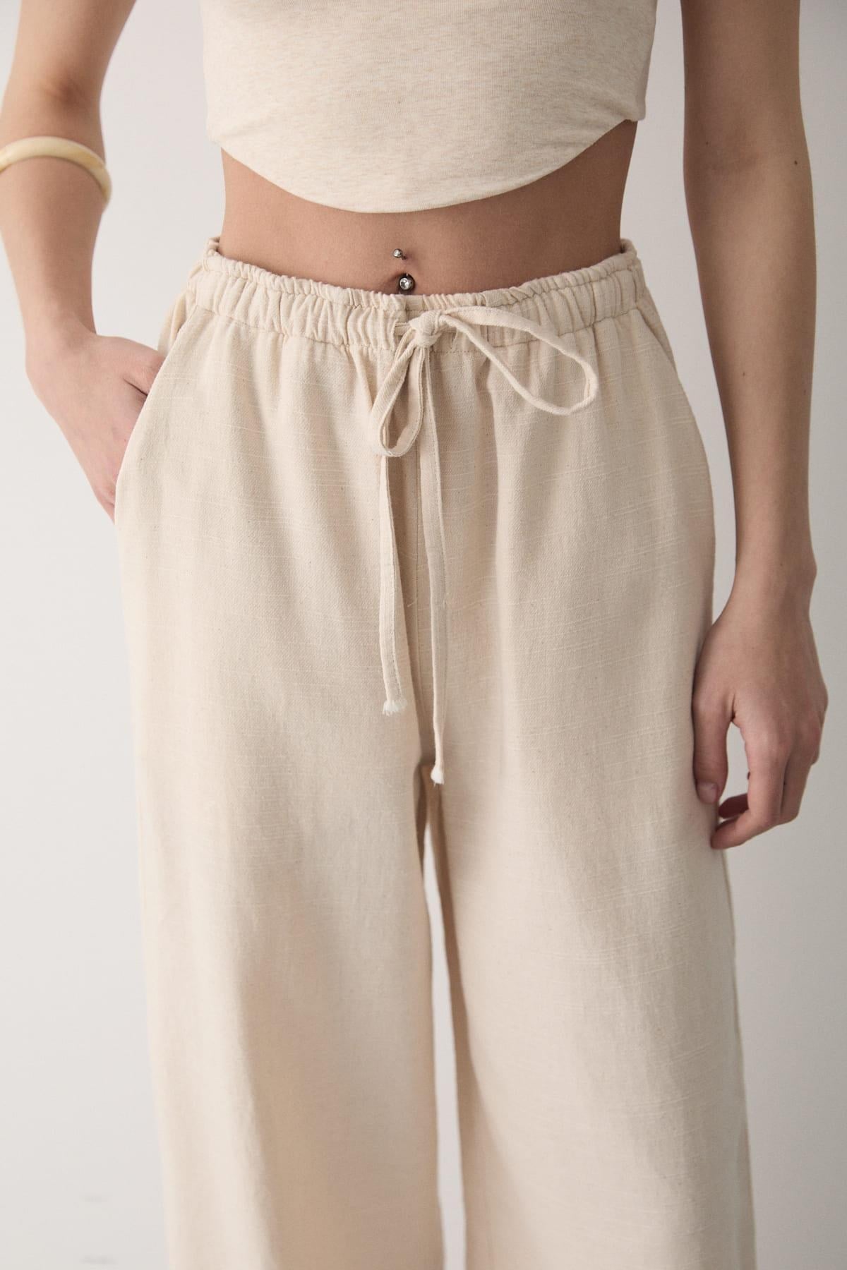 Kadın Beli Lastikli Bol Paça Palazzo Keten Pantolon BEJ