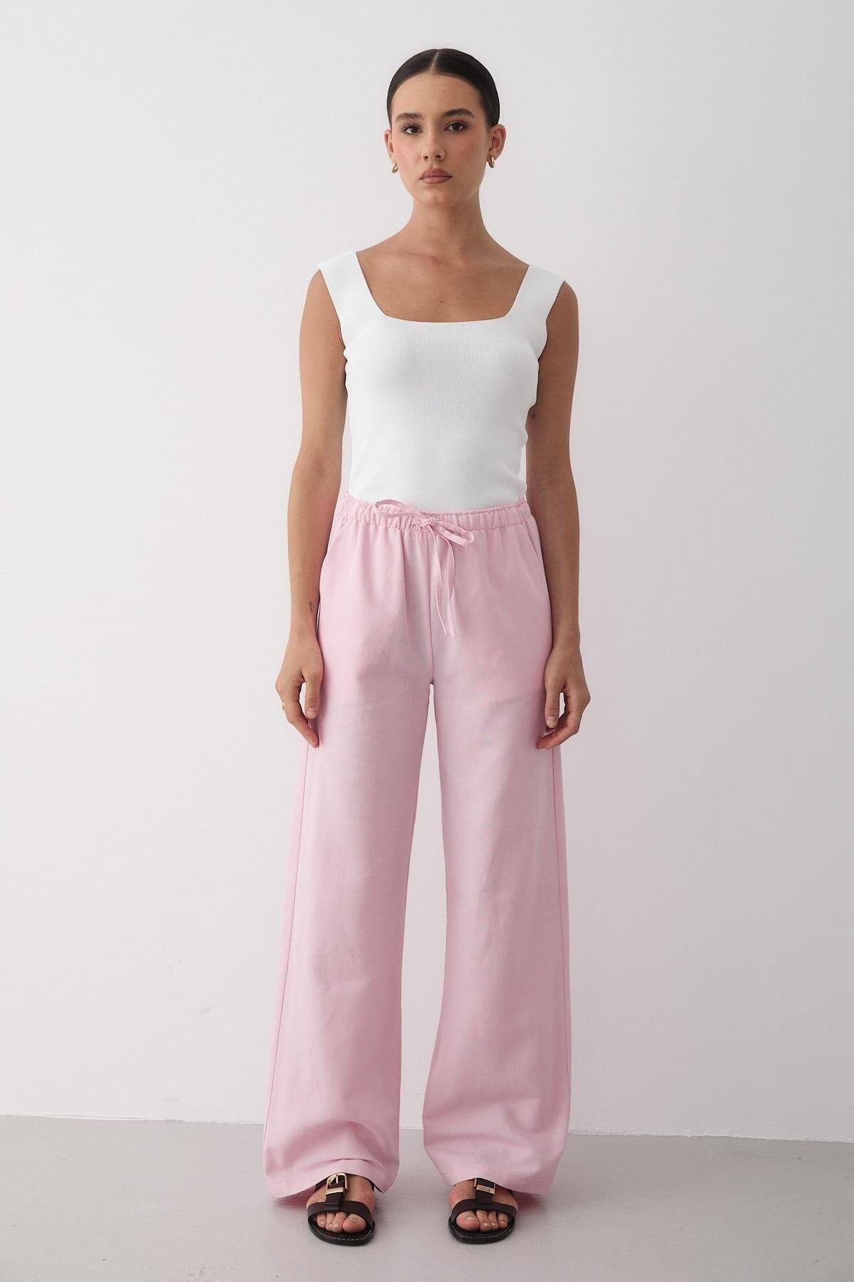 Kadın Beli Lastikli Bol Paça Palazzo Keten Pantolon PEMBE
