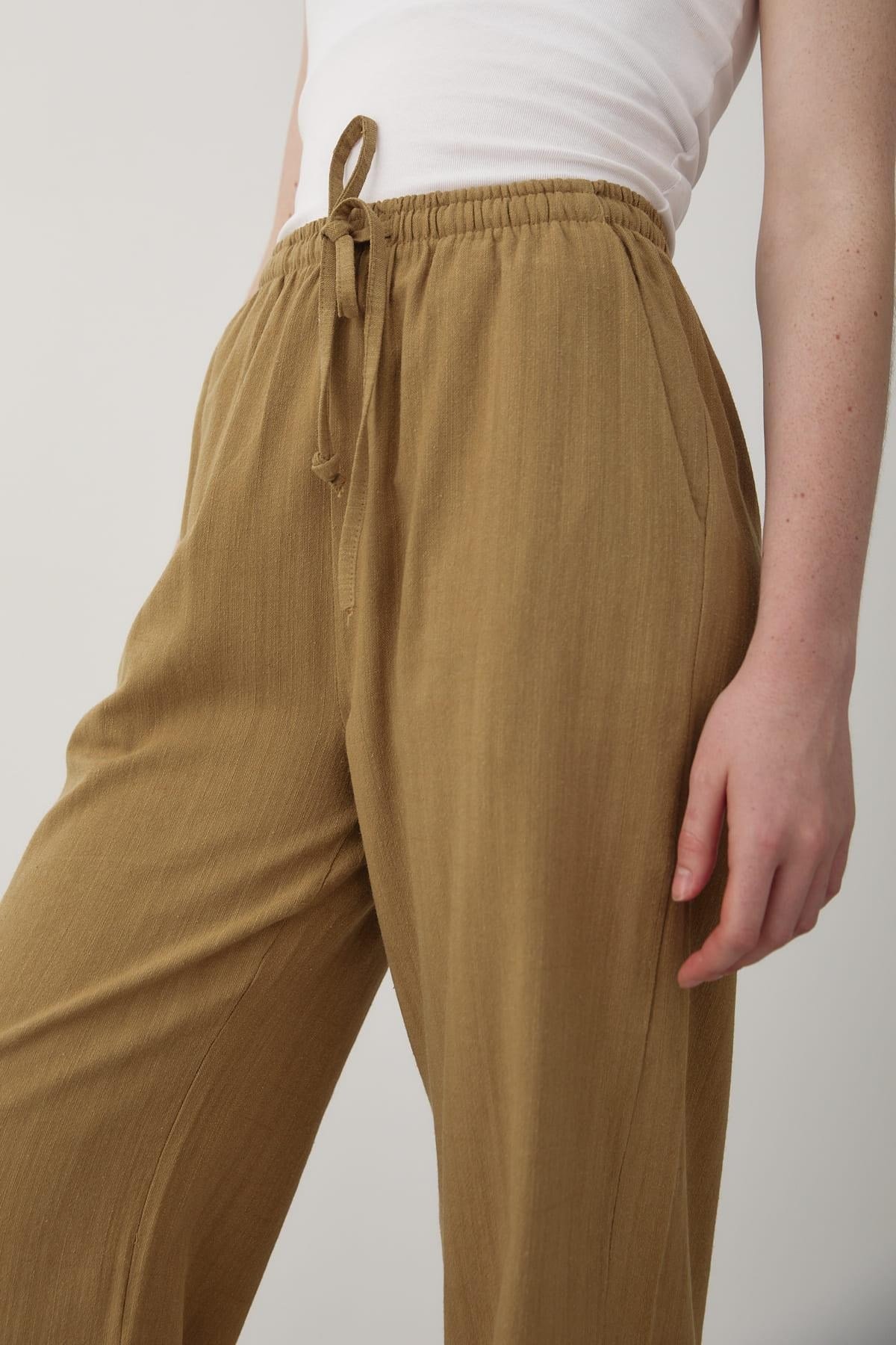 Kadın Beli Lastikli Bol Paça Palazzo Keten Pantolon HARDAL