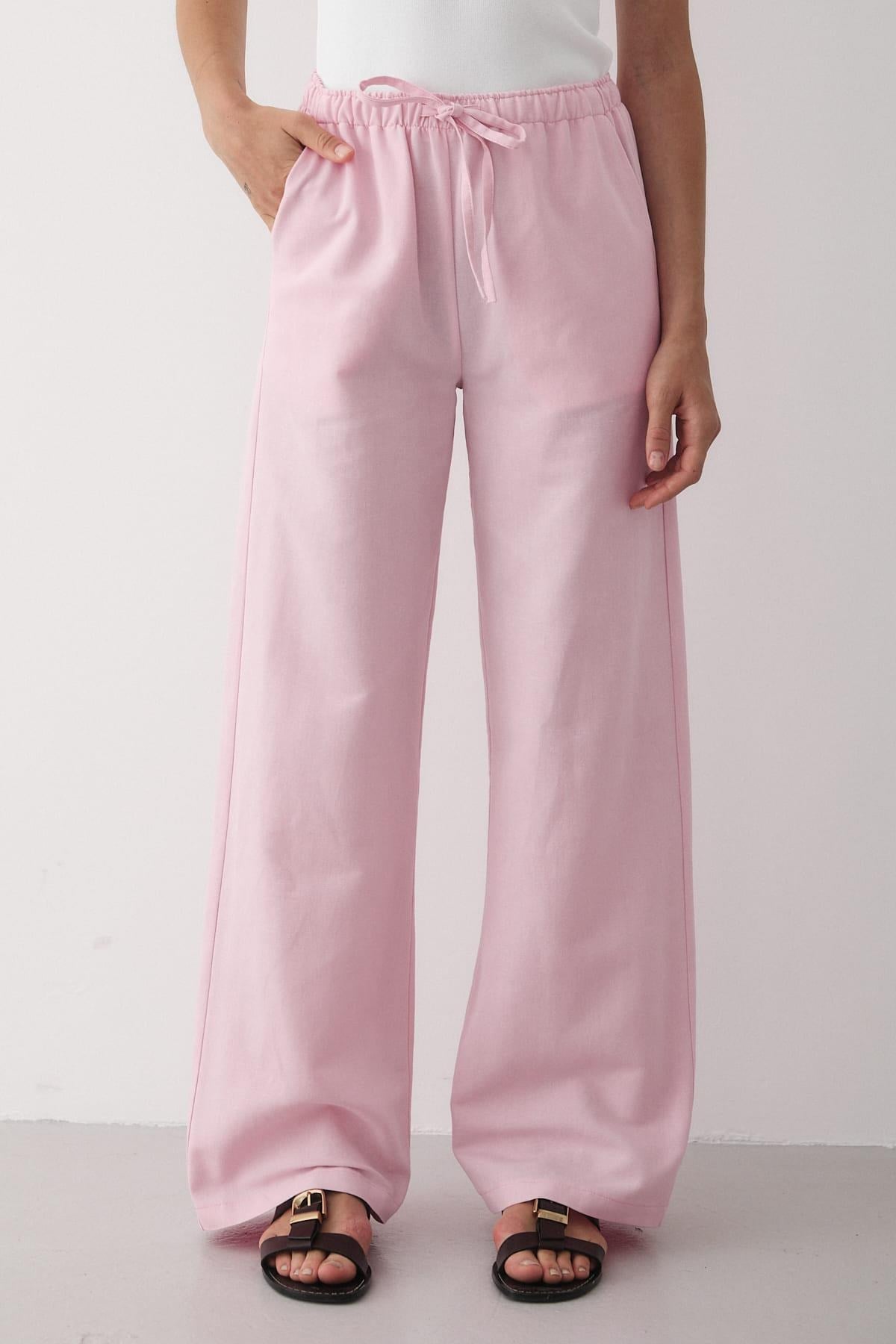 Kadın Beli Lastikli Bol Paça Palazzo Keten Pantolon PEMBE