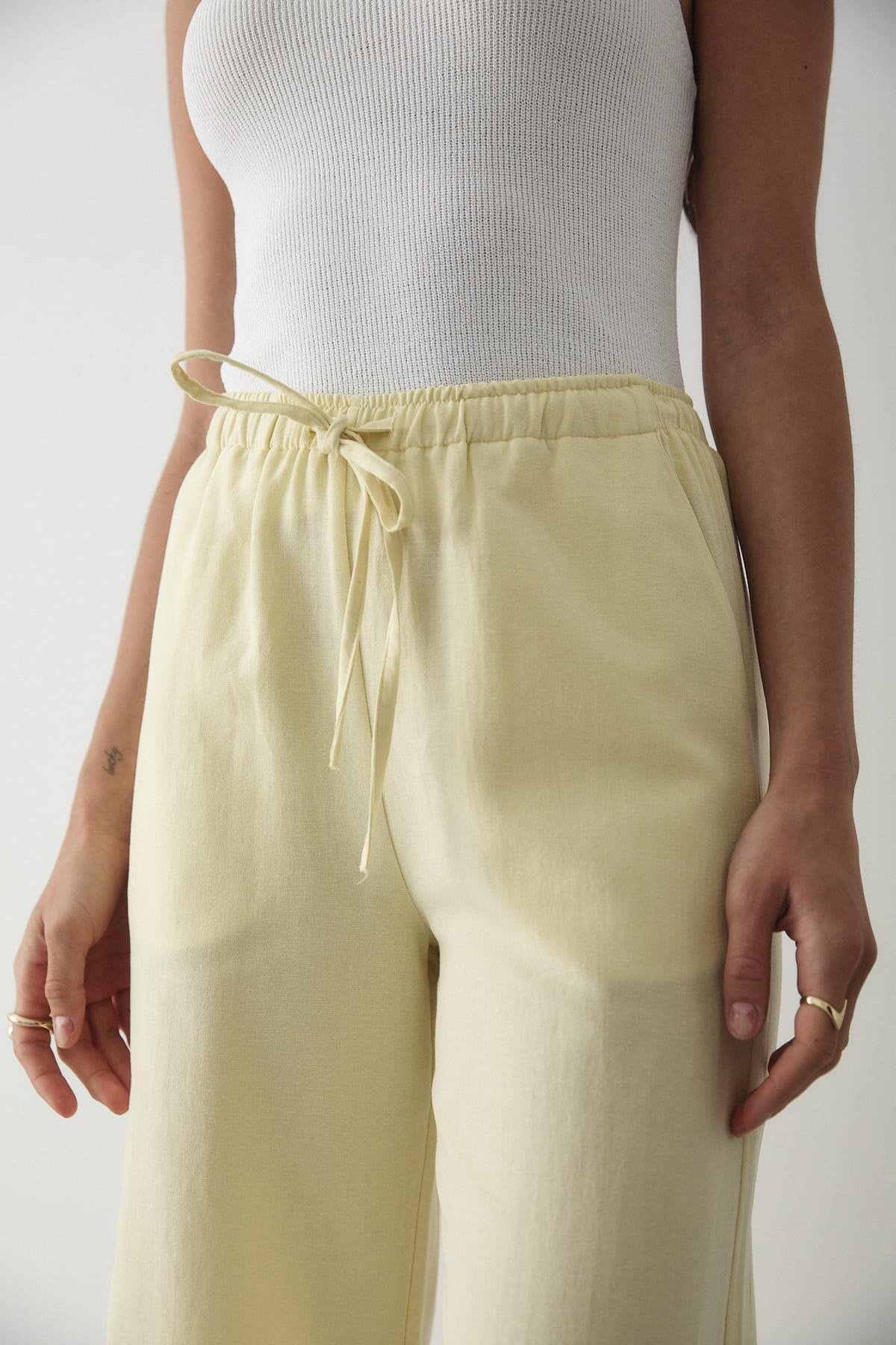 Kadın Beli Lastikli Bol Paça Palazzo Keten Pantolon SARI