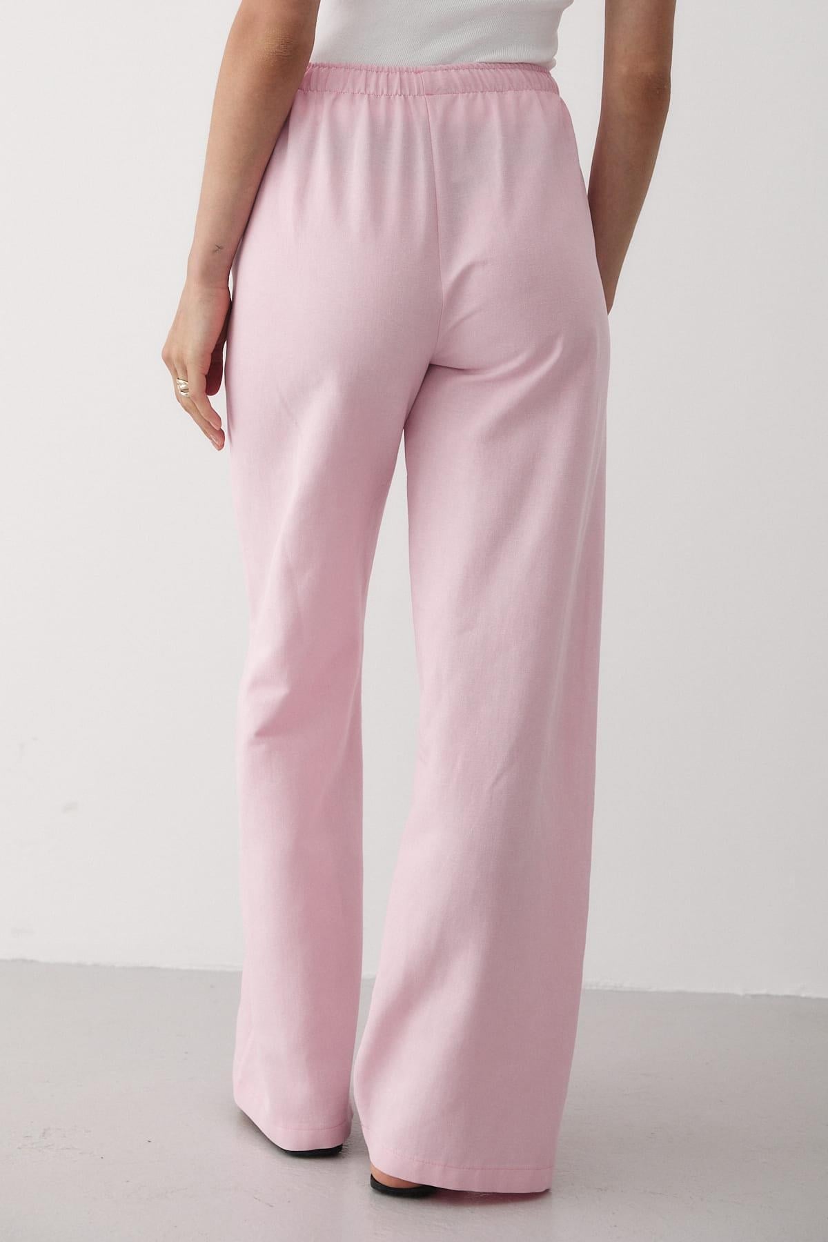 Kadın Beli Lastikli Bol Paça Palazzo Keten Pantolon PEMBE
