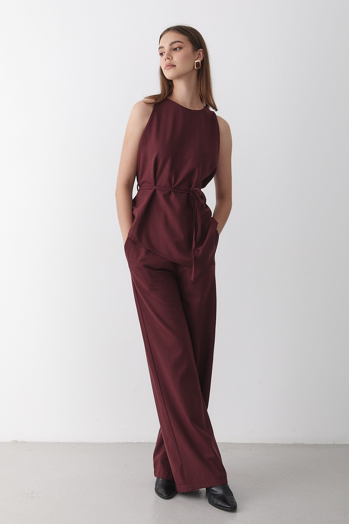 Kadın Bordo Bisiklet Yaka Kuşak Detaylı Bluz& Beli Lastikli Pantolon Alt&Üst Takım