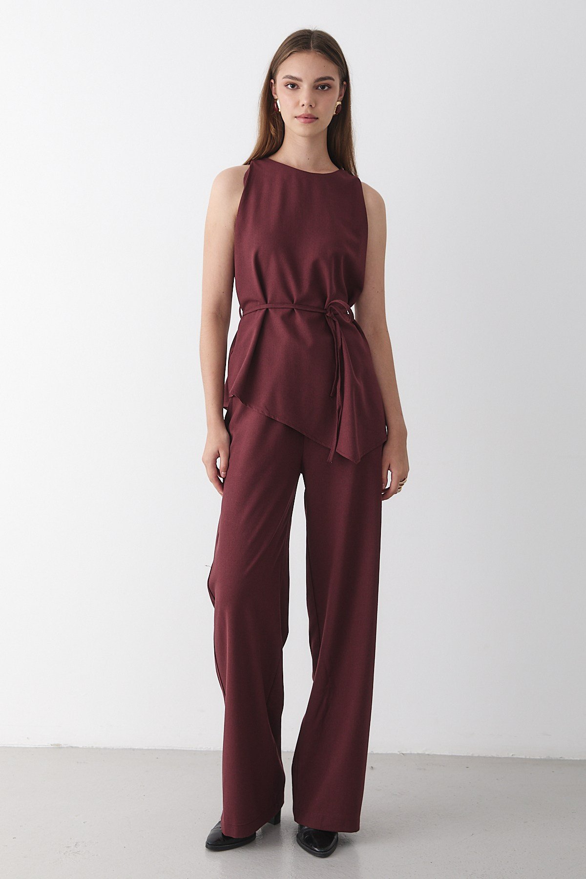 Kadın Bordo Bisiklet Yaka Kuşak Detaylı Bluz& Beli Lastikli Pantolon Alt&Üst Takım