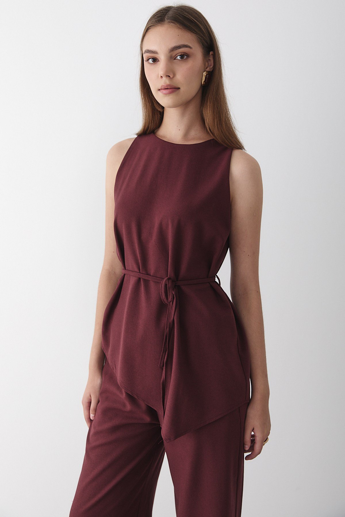 Kadın Bordo Bisiklet Yaka Kuşak Detaylı Bluz& Beli Lastikli Pantolon Alt&Üst Takım