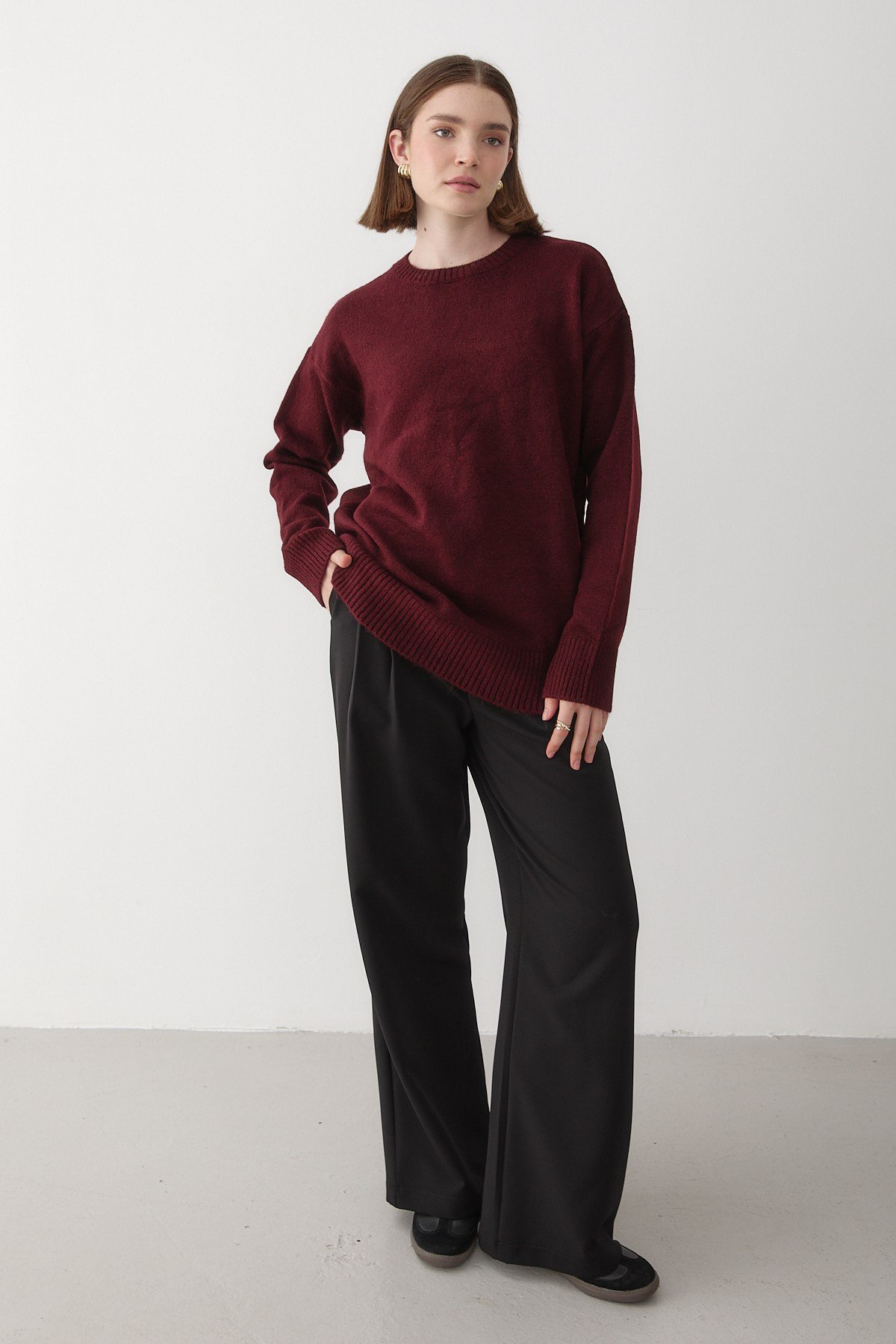 Kadın Bordo Bisiklet Yaka Oversize Triko Kazak